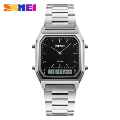 SKMEI 1220 Stainless Steel Dual Display Watch- [Silver & Black Display]