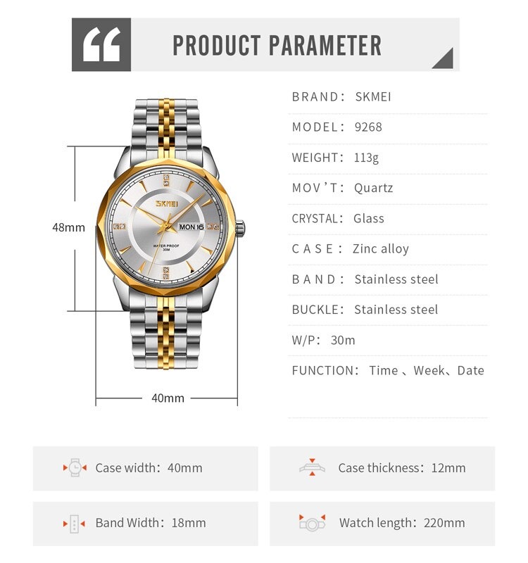 SKMEI 9268 Luxury Quartz Movement Bussines Case Waterproof Watch - Silver Gold - Image 7